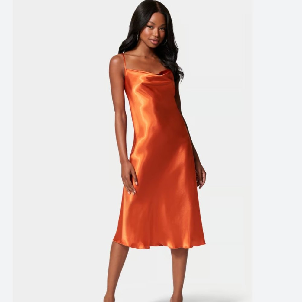 bebe - Satin Crowl Neck Slip Midi Dress - Burnt Orange